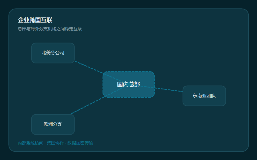 加速器企业跨国互联示意，国内总部与海外分支机构加密连接